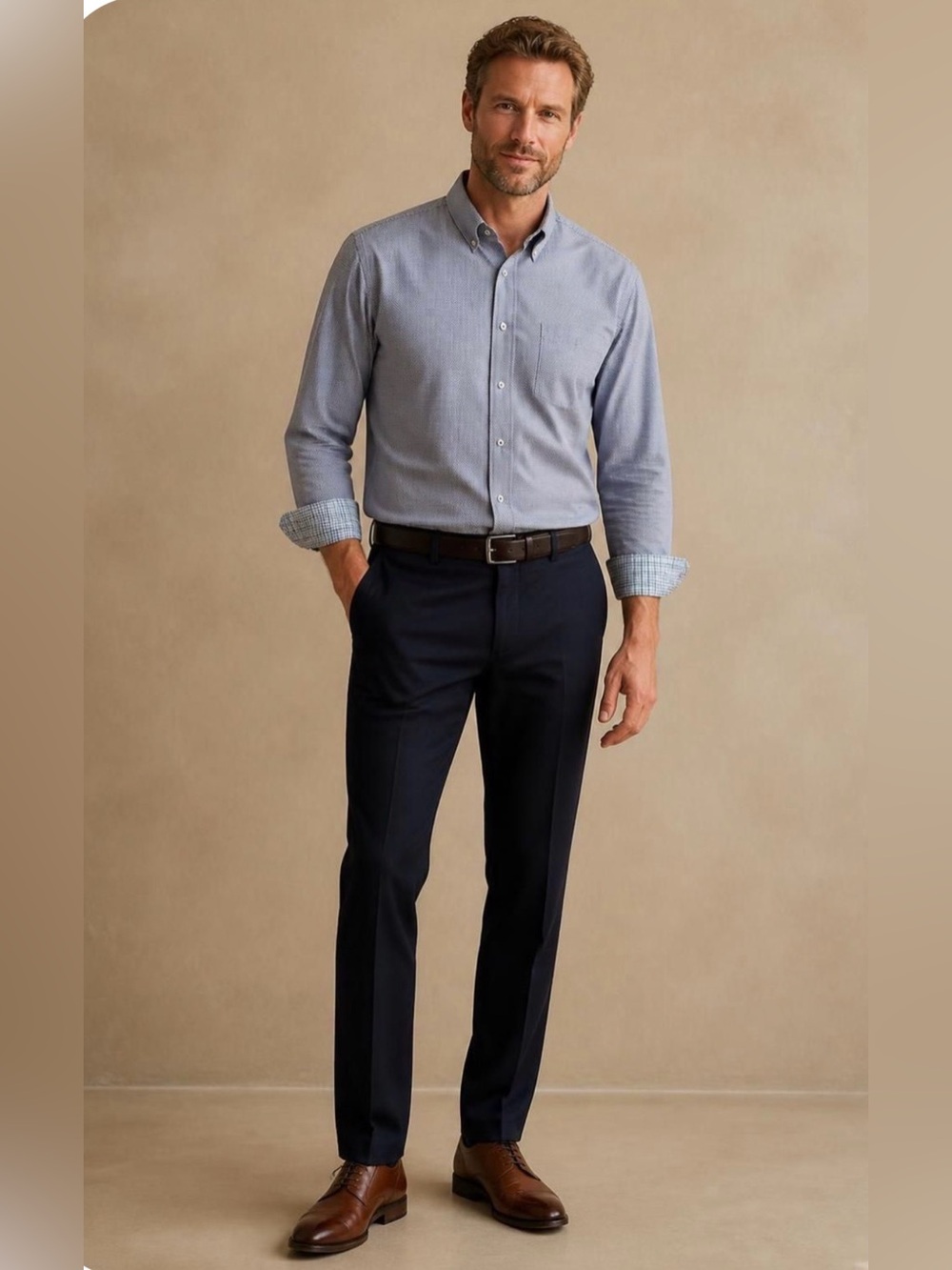 Men's Light Blue Micro-Check Dress Shirt with Chest Pocket